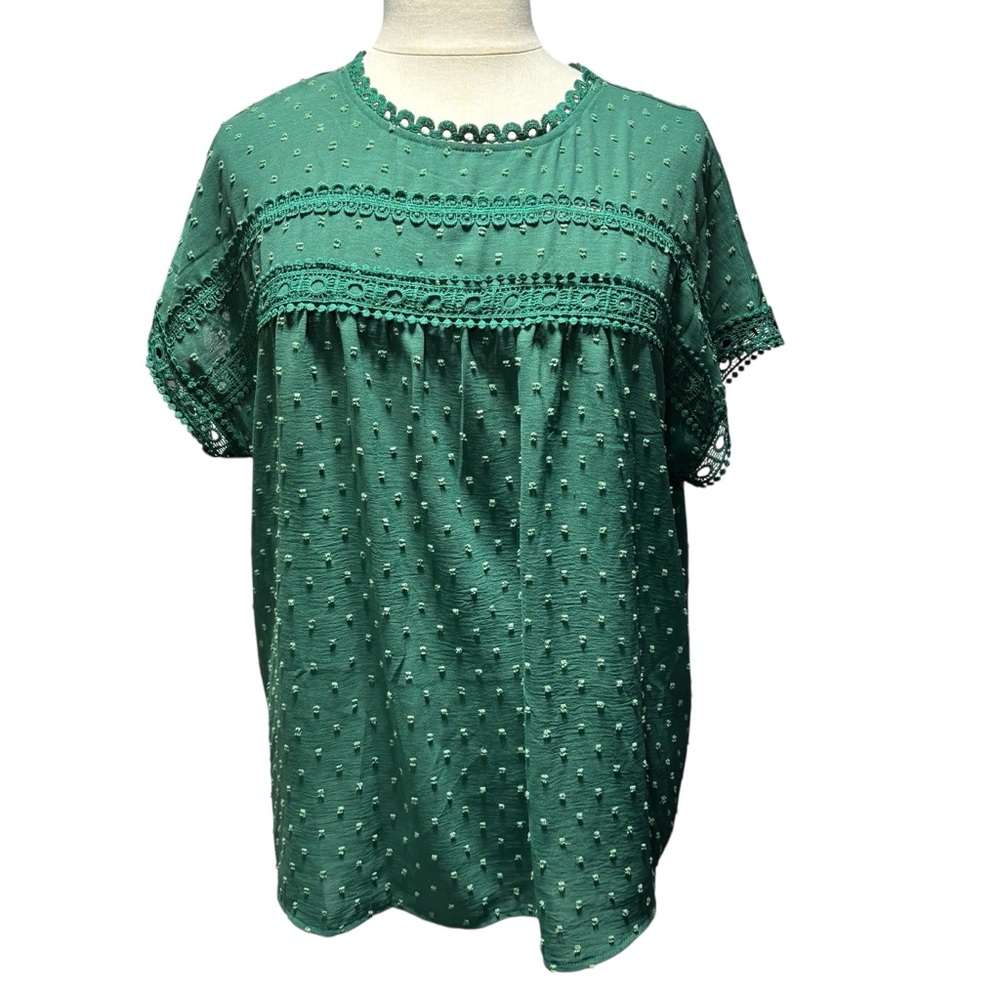 Forest Green Swiss Dot Crochet Lace Trim Button Back Boho Blouse Top 2XL #759